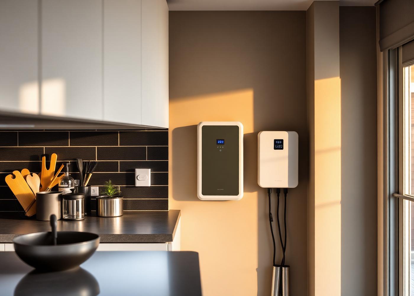Home battery storage unit mounted on a kitchen wall in warm evening light