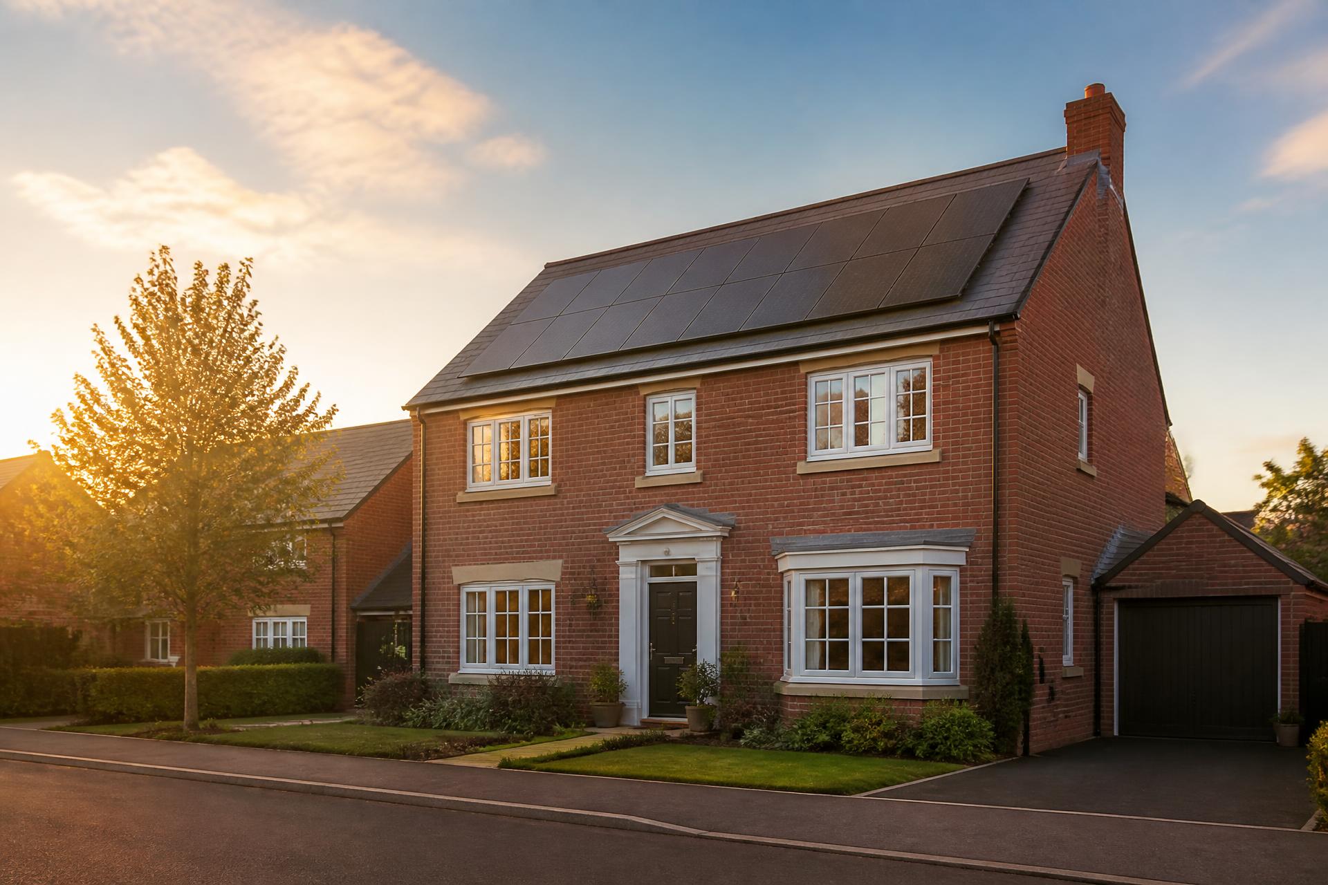 Detached family home in Greater Manchester with black solar panels installed on the roof at golden hour